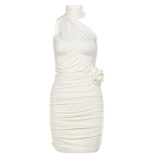 Halter ruched flower applique backless mini dress