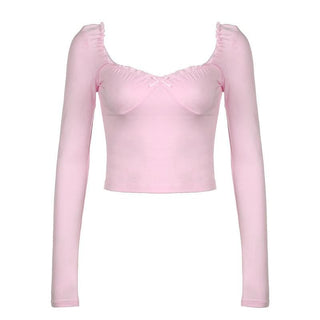 Long sleeve bowknot sweetheart neck ruffle top