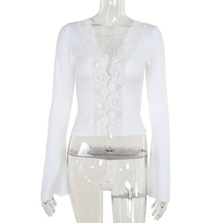 Long sleeve v neck lace hem button top