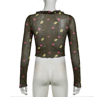 Long sleeve flower print mesh ruffle crop top