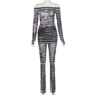 Long sleeve off shoulder sheer mesh print pant set