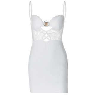 O ring lace ruched button backless cami mini dress