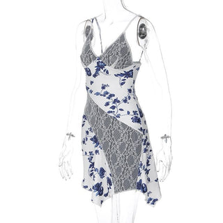 Lace v neck print patchwork ruffle cami mini dress