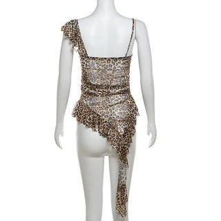 Leopard print flower applique irregular ruffle cami top