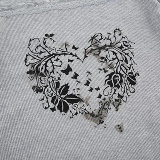 Long sleeve off shoulder ribbed heart pattern lace hem top