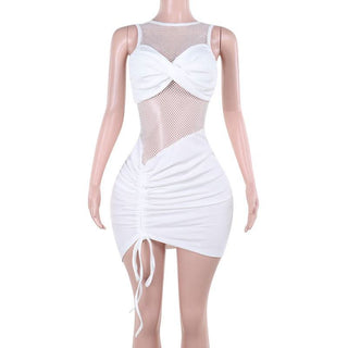 Ruched drawstring crewneck fishnet mini dress