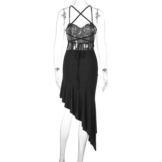 Ruched irregular cross back ruffle cami midi dress