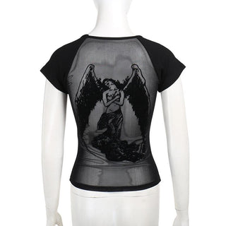 Short sleeve round neck print mesh top