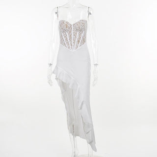 Lace contrast corset sweetheart neck ruffle irregular cami maxi dress