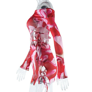 Long sleeve off shoulder hollow out print cut out mini dress