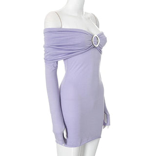 Long sleeve off shoulder buckle ruched mini dress