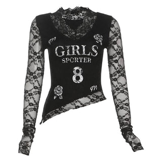 Long sleeve v neck lace print top