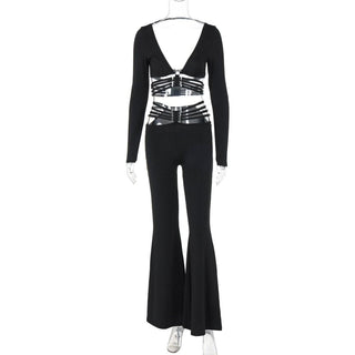 Long sleeve o ring button wide leg low rise pant set-final-sale