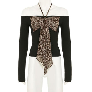 Halter off shoulder bowknot leopard print top