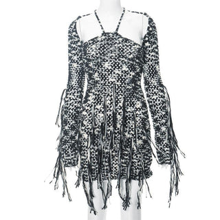 Long sleeve knitted tassels cross back contrast mini dress