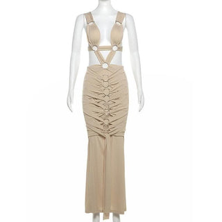 O ring textured hollow out self tie ruched tank cut out maxi dress-final-sale