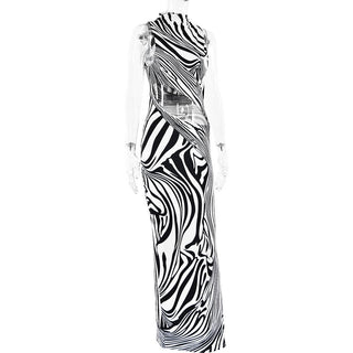 Zebra print hollow out high neck cut out maxi dress