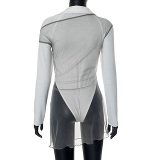 Turnover collar long sleeve mesh 2 piece top