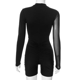 Long sleeve zip-up mesh patchwork crewneck romper