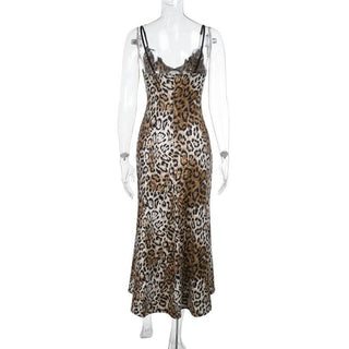 Lace hem v neck leopard print cami midi dress