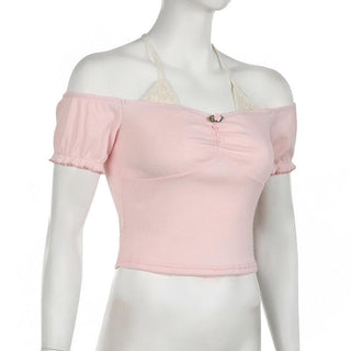 Short puff sleeve off shoulder halter ribbed top