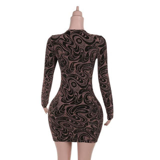 Long sleeve v neck hollow out ripple print cut out mini dress