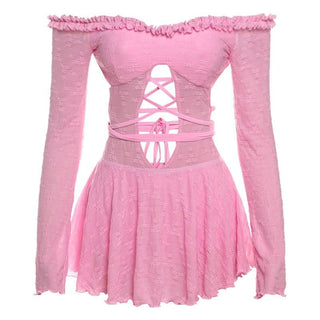 Off shoulder long sleeve hollow out self tie cut out mini dress