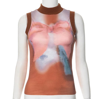 High neck sleeveless knitted patchwork print top