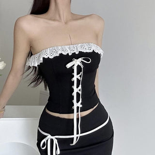 Ruffle lace up contrast backless tube top