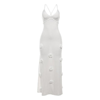 V neck flower applique cross back cami maxi dress