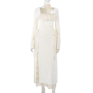 Long sleeve slit square neck lace ruched maxi dress