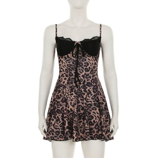 V neck lace hem leopard print cami mini dress