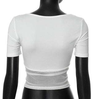 Short sleeve square neck mesh patchwork top