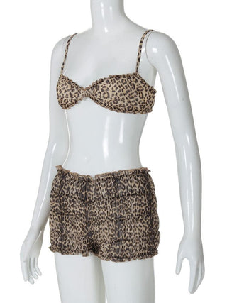 Leopard print ruffle ruched crop chiffon cami pant set