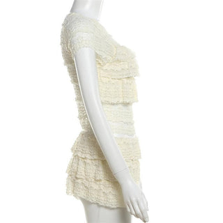 Crewneck cap sleeve textured ruched solid mini skirt set