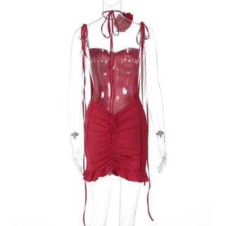 Rose applique ruched ruffle knotted cami mini dress
