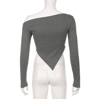 Long sleeve irregular slit off shoulder solid top