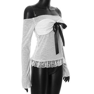Off shoulder bowknot lace hem mesh long sleeve top