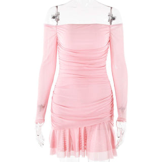 Long sleeve off shoulder ruched mesh mini dress