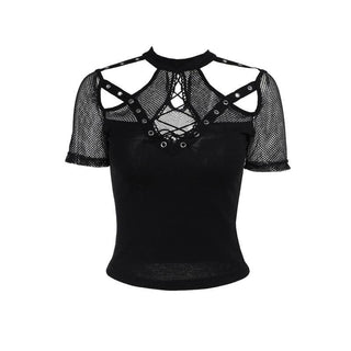 Short sleeve fishnet hollow out patchwork cut out top