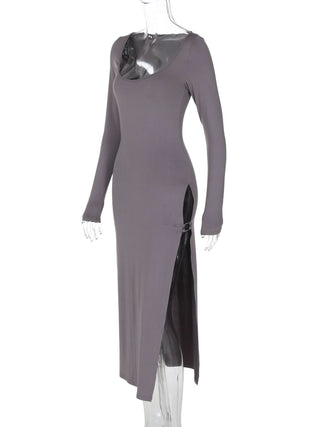 U neck long sleeve slit solid maxi dress