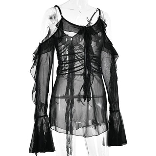 Long flared sleeve Off shoulder sheer mesh ruffle mini dress