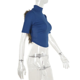 Short sleeve high neck fluffy backless top