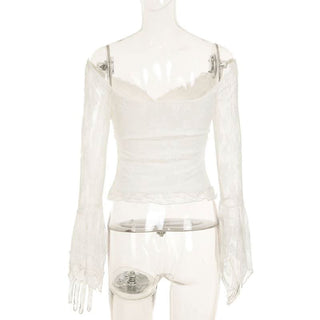 Long sleeve v neck flower lace hem ruffle top