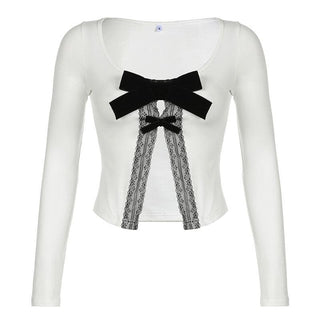 Long sleeve bowknot lace hem u neck slit top