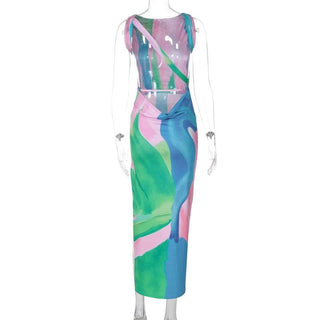 Sleeveless print contrast slit backless midi dress