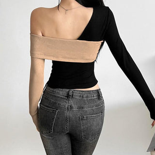 Long sleeve irregular one shoulder contrast top