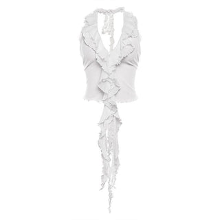 Halter v neck ruffle mesh crop top