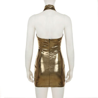 Halter cowl neck metallic backless mini dress