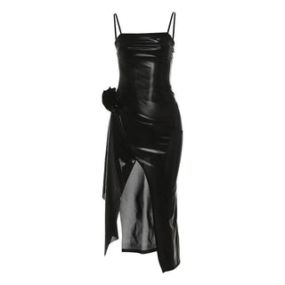 PU leather slit flower applique cami midi dress